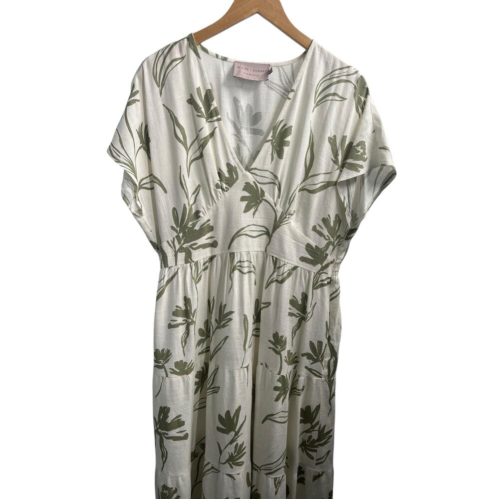 White Closet Elements Linen Blend Cream Olive Green Empire Waist Maxi Dress XL - Picture 4 of 12